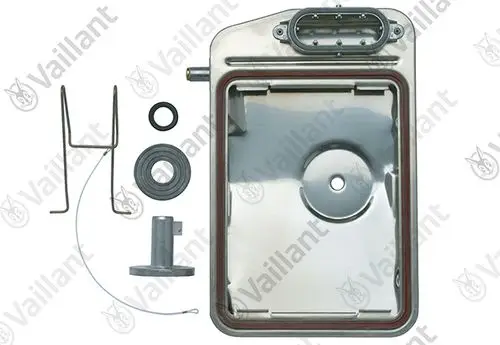 Vaillant Abgassammler mit Metallgehäuse, Dichtungen, Halterungen und Anschlussleisten, angeordnet auf einem weißen Untergrund.